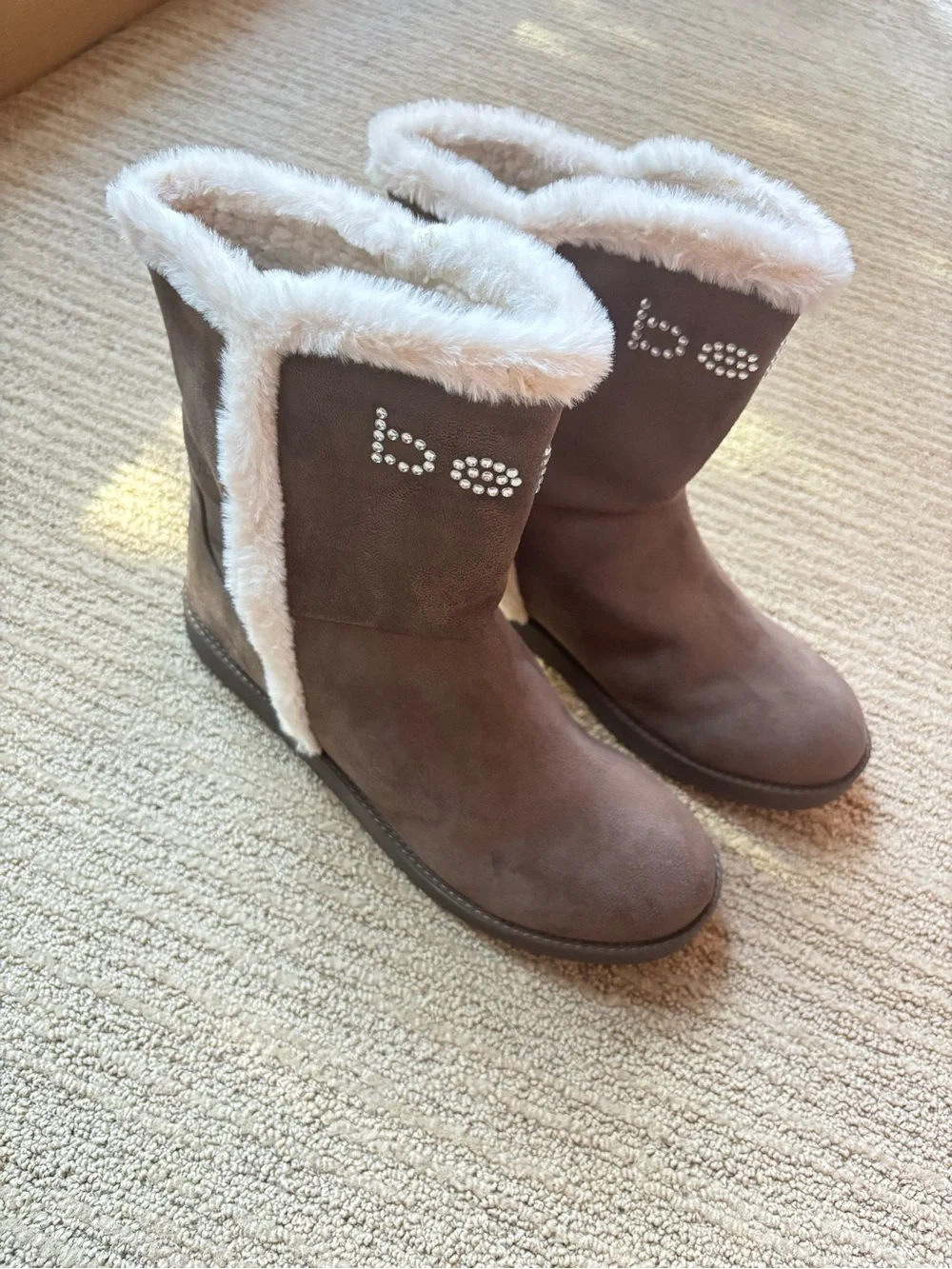 bebe — “lenina” suede faux fur winter boots — brown